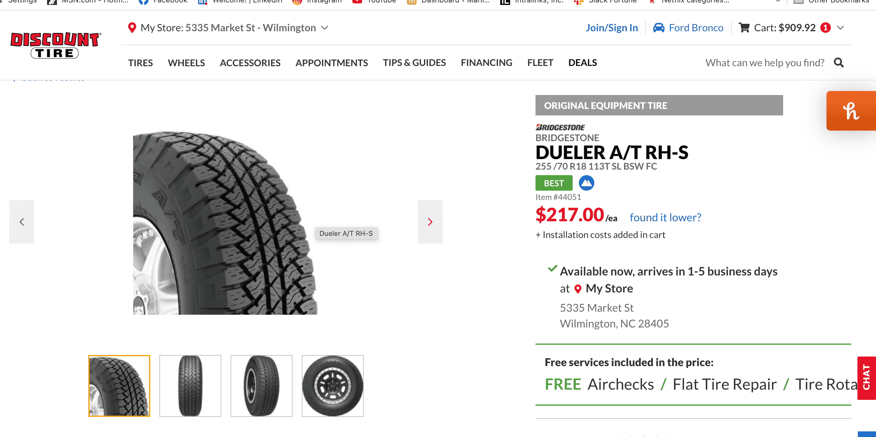 New Bronco Tires 255/70R18 Bridgestone Dueler A/T HALF PRICE