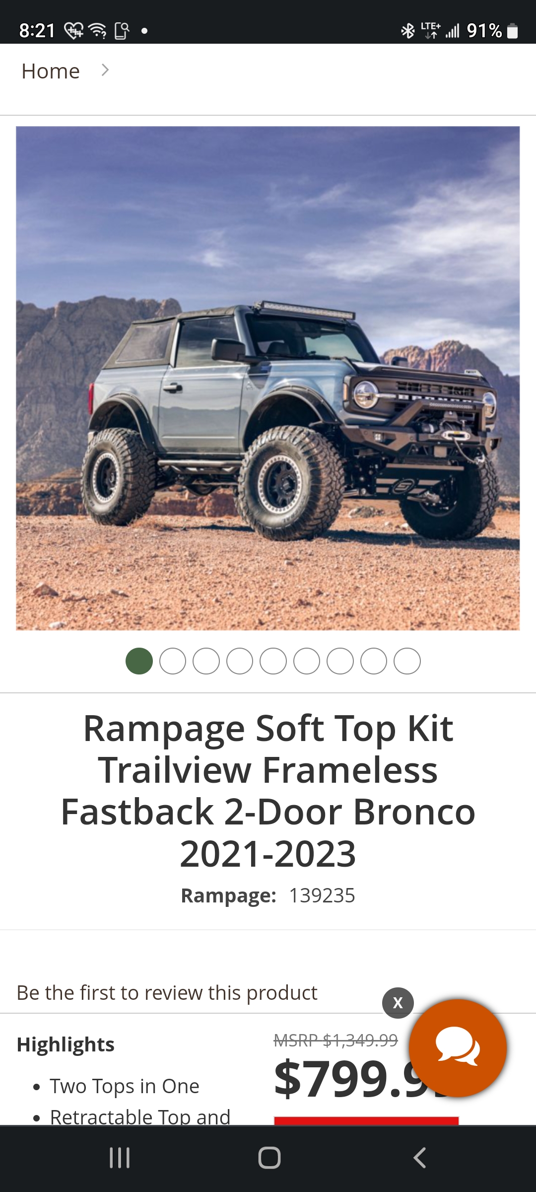 Rampage Soft Top Kit Trailview Frameless Fastback 2Door Bronco