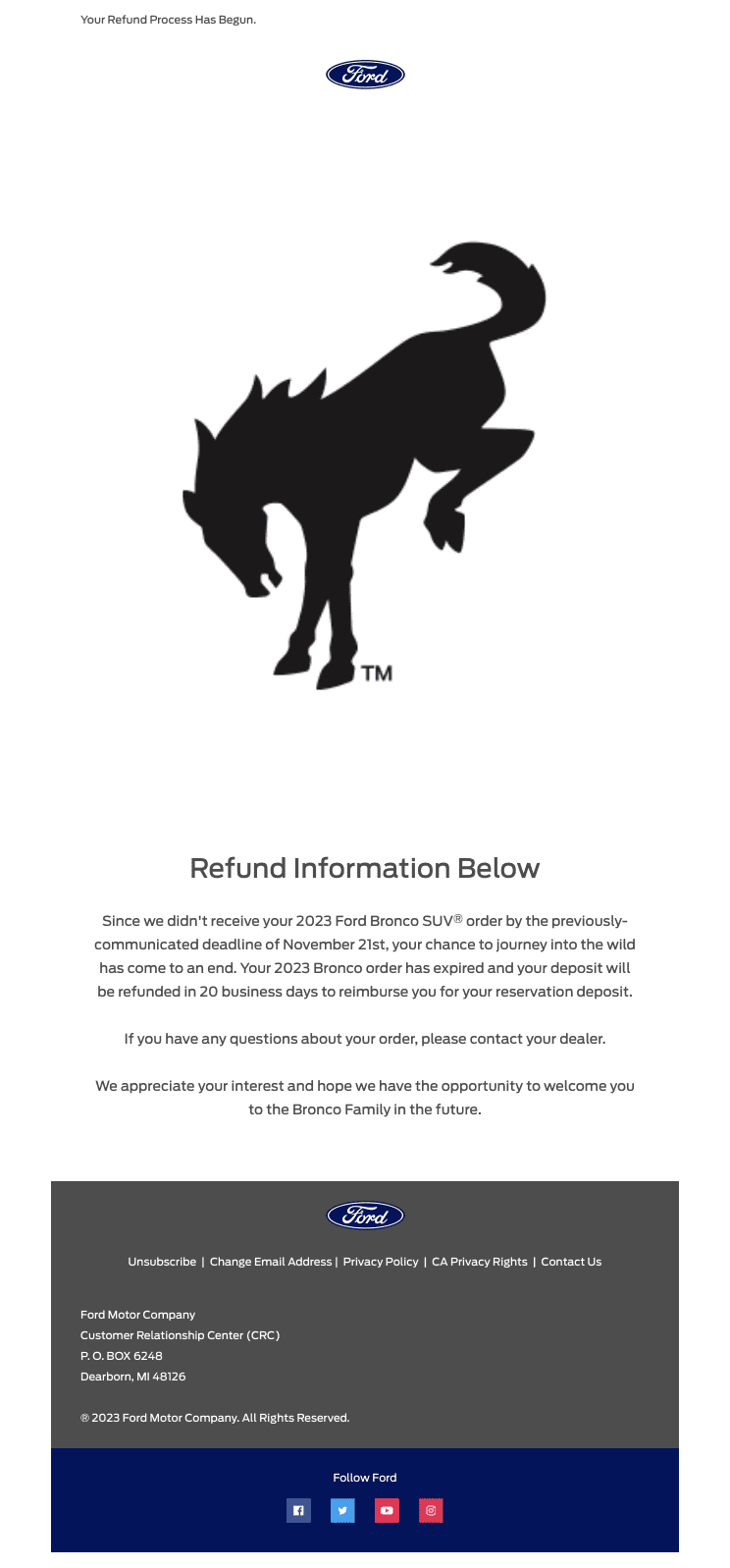 Bronco Cancellation Email