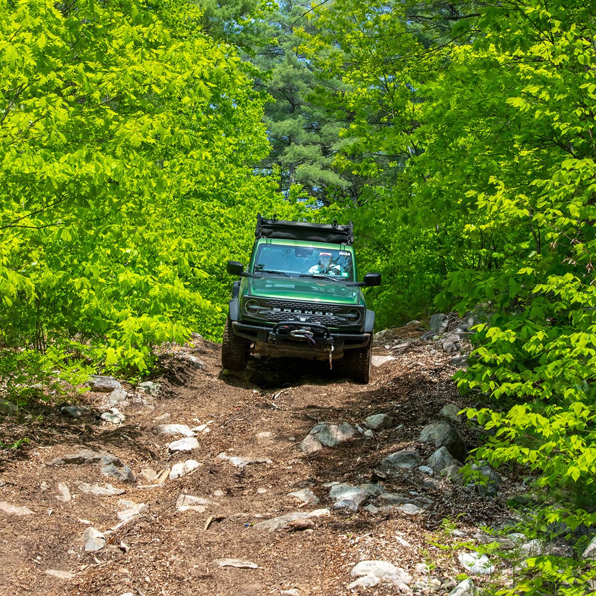 Green bronco driving down the trail